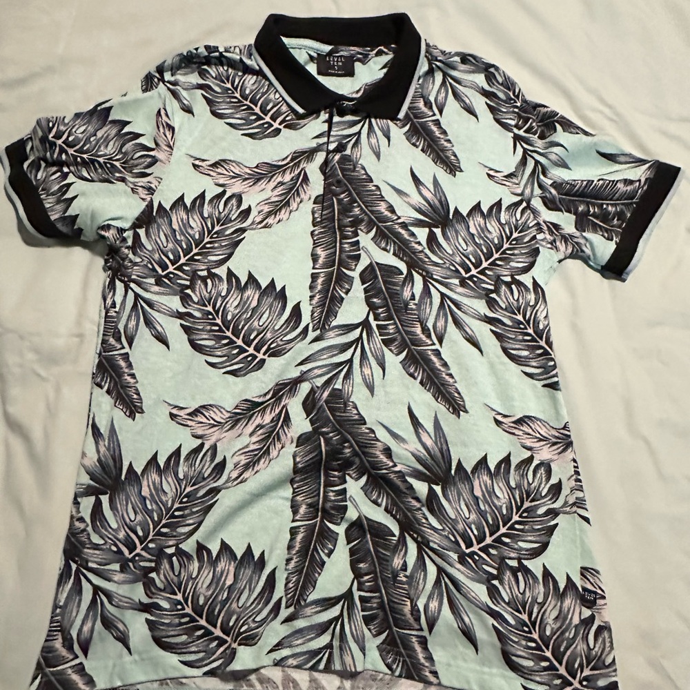 Men's Leaf Print Polo Shirt - Mint and Black